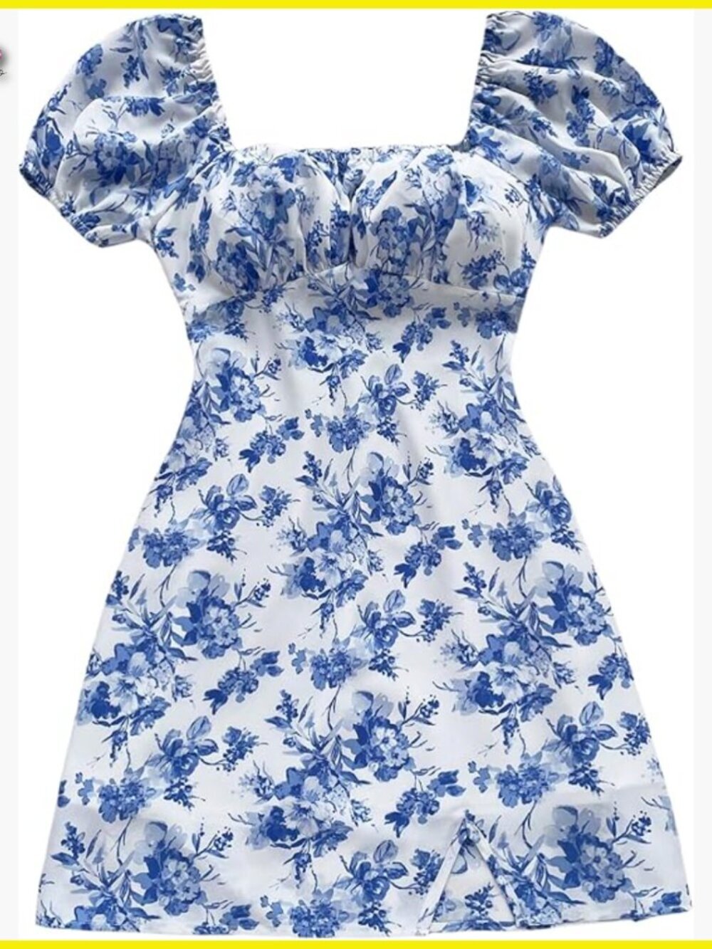 Floral Puff Sleeve Square Neck A-Line Mini Dress Boho Ruched Bust Casual